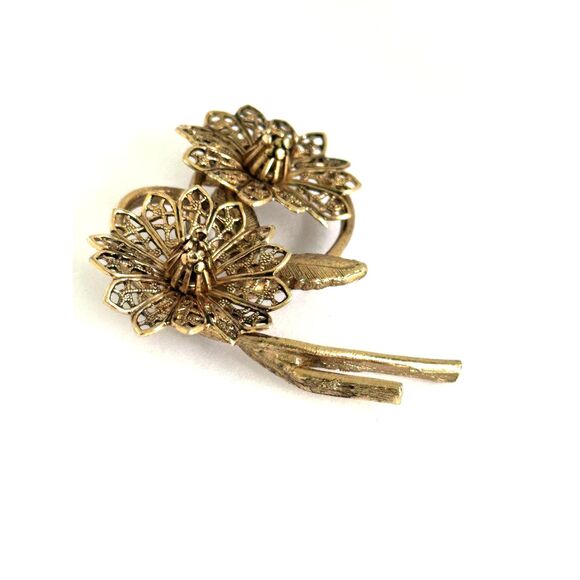 Gold Tone Filigree Floral Stem Brooch - Picture 5 of 7